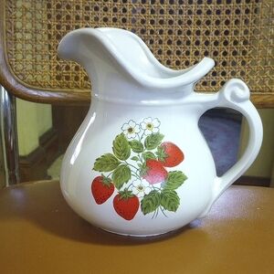 Vintage Ceramic Strawberry & Floral McCoy Pitcher.  White Red Green Yellow